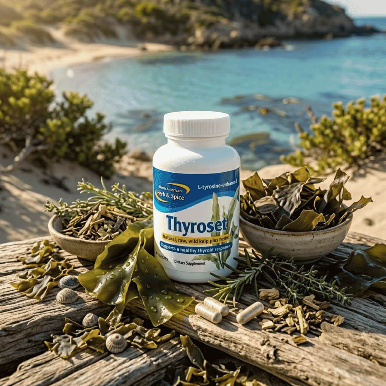 Na starom drevenom tráme na morskom pobreží stojí biela dóza výživového doplnku Thyroset, obklopená miskami s riasami kelp, sušenými bylinkami, voľne rozsypanými kapsulami a čerstvým rozmarínom s výhľadom na azúrové more a pláž.